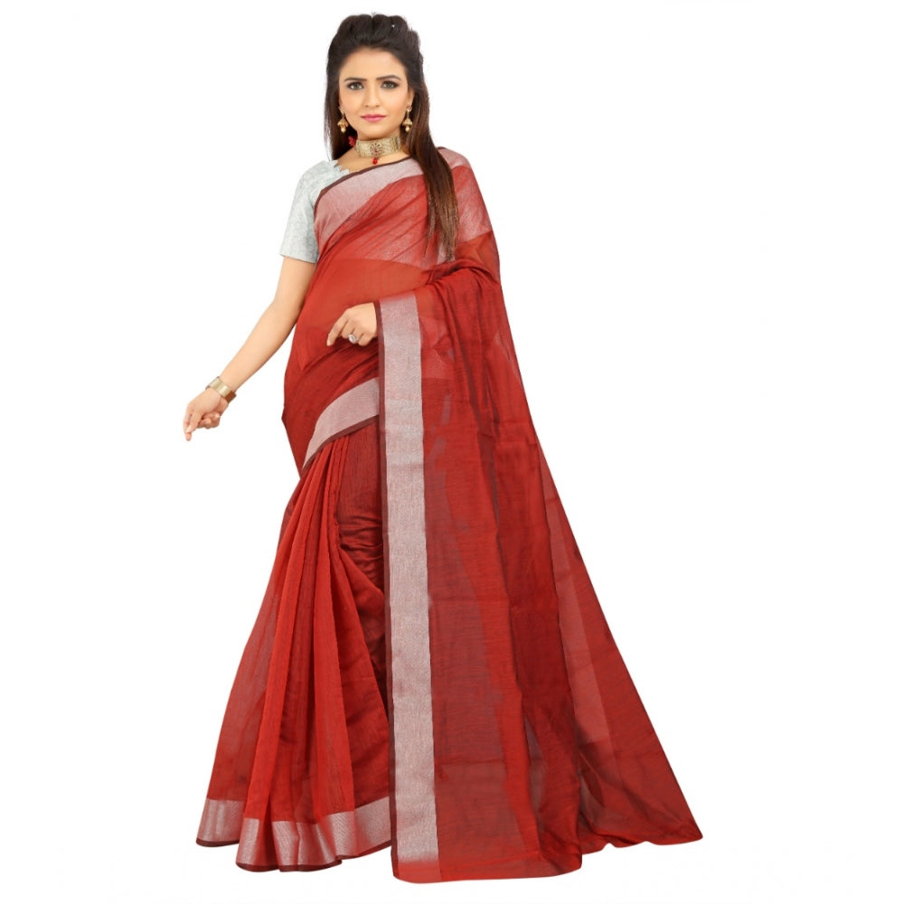 Generic Women's Cotton Silk Self Design Saree With Unstitched Blouse 5.5Mtr (Red)