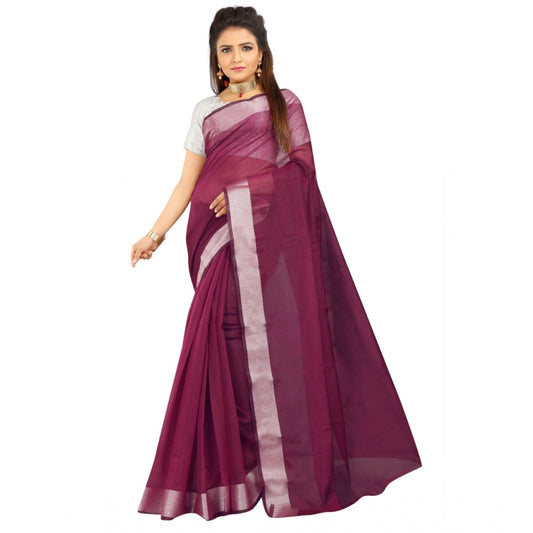 Generic Women's Cotton Silk Self Design Saree With Unstitched Blouse 5.5Mtr (Purple)