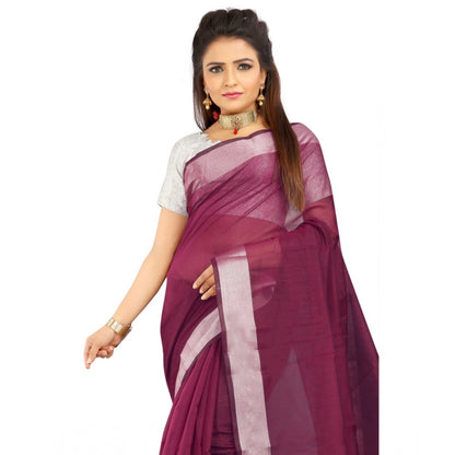 Generic Women's Cotton Silk Self Design Saree With Unstitched Blouse 5.5Mtr (Purple)