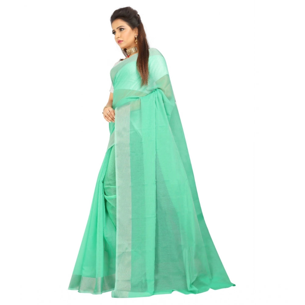 Generic Women's Cotton Silk Self Design Saree With Unstitched Blouse 5.5Mtr (Green)