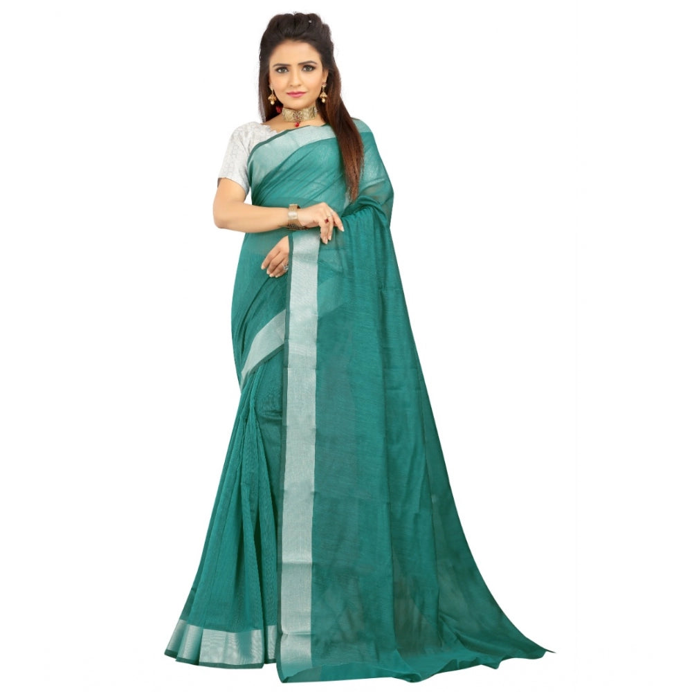 Generic Women's Cotton Silk Self Design Saree With Unstitched Blouse 5.5Mtr (Dark Green)