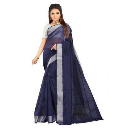 Generic Women's Cotton Silk Self Design Saree With Unstitched Blouse 5.5Mtr (Blue)