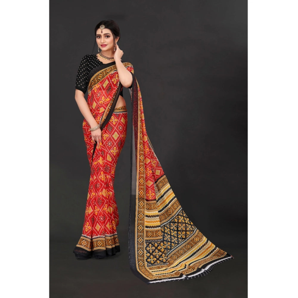 Generic Women's Georgette Floral Print Saree With Unstitched Blouse 5.5Mtr (Red)