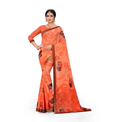 Generic Women's Georgette Floral Print Saree With Unstitched Blouse 5.5Mtr (Orange)