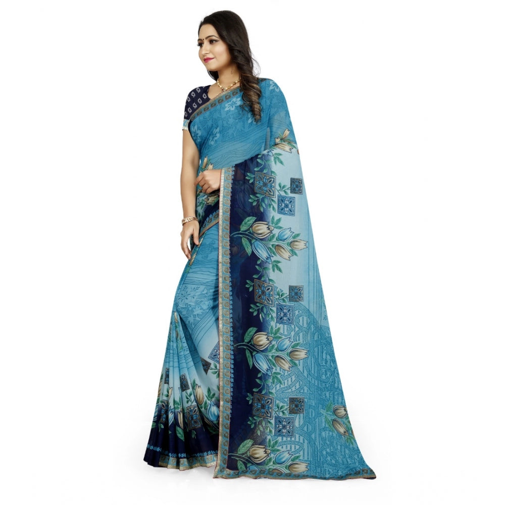 Generic Women's Georgette Floral Print Saree With Unstitched Blouse 5.5Mtr (Light Blue)