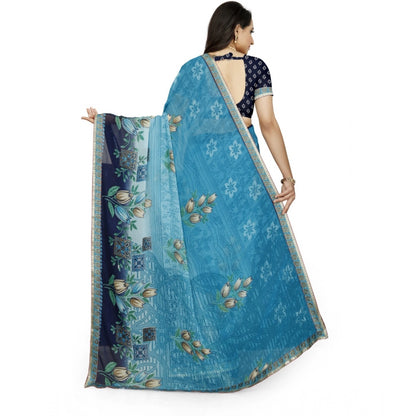 Generic Women's Georgette Floral Print Saree With Unstitched Blouse 5.5Mtr (Light Blue)