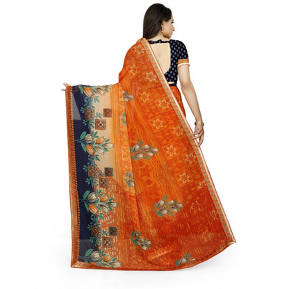 Generic Women's Georgette Floral Print Saree With Unstitched Blouse 5.5Mtr (Blue-Orange)