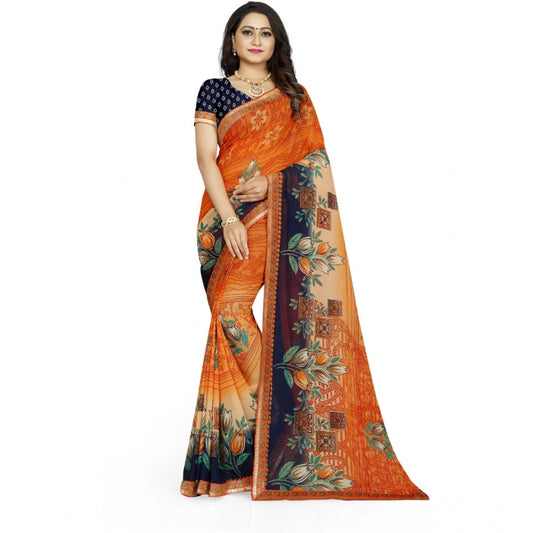 Generic Women's Georgette Floral Print Saree With Unstitched Blouse 5.5Mtr (Blue-Orange)