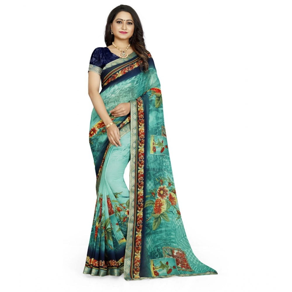 Generic Women's Georgette Floral Print Saree With Unstitched Blouse 5.5Mtr (Light Blue)