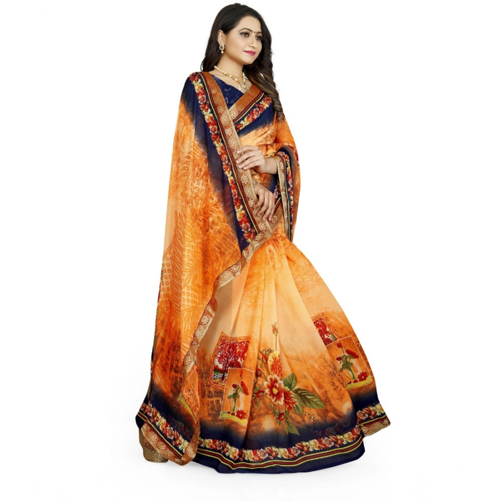 Generic Women's Georgette Floral Print Saree With Unstitched Blouse 5.5Mtr (Blue-Orange)