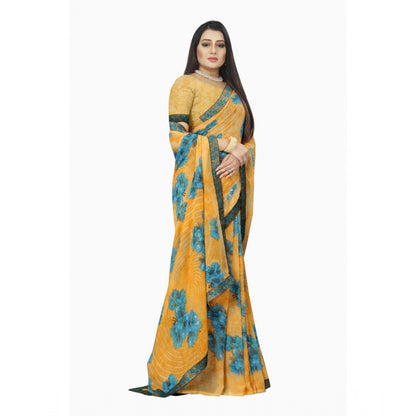 Generic Women's Georgette Floral Print Saree With Unstitched Blouse 5.5Mtr (Blue-Orange)