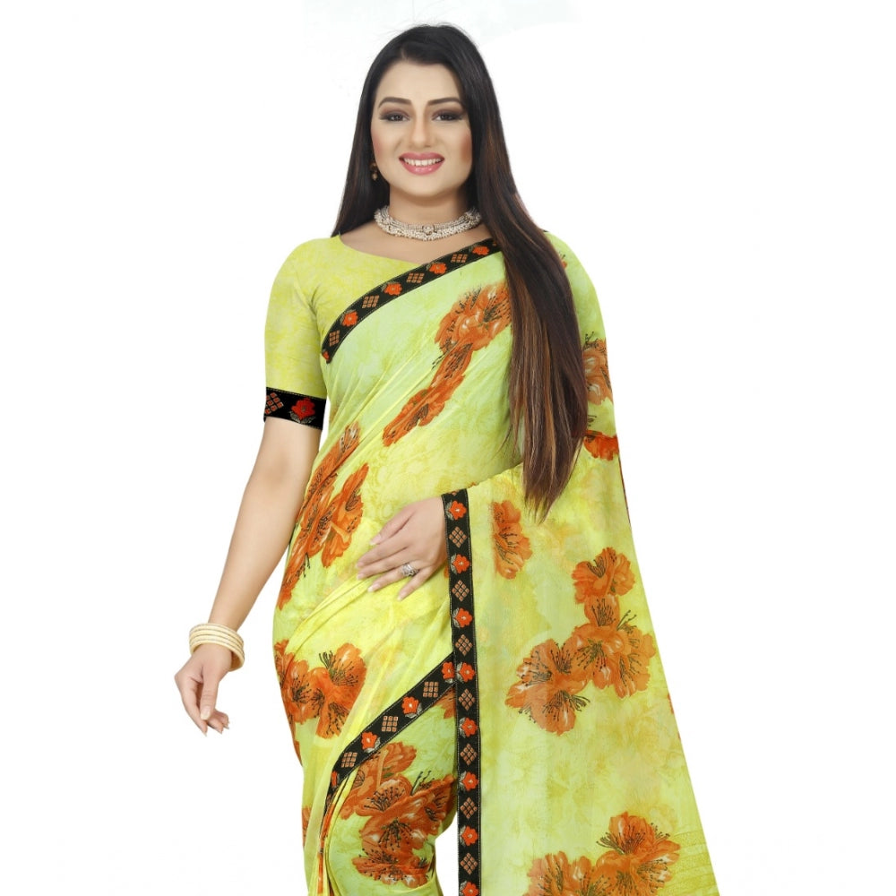 Generic Women's Georgette Floral Print Saree With Unstitched Blouse 5.5Mtr (Brown-Mustard)