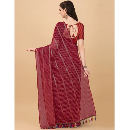 Generic Women's Silk Blend Checkered Saree With Unstitched Blouse 5.5Mtr (Red)