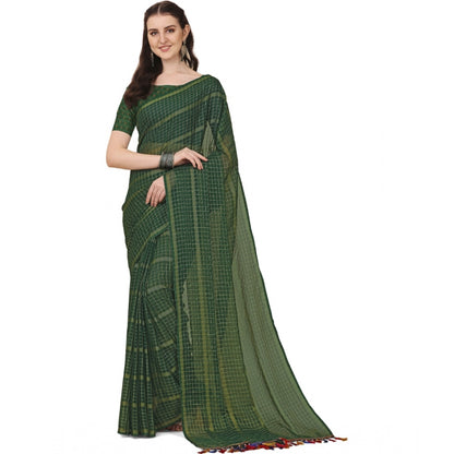 Generic Women's Silk Blend Checkered Saree With Unstitched Blouse 5.5Mtr (Green)