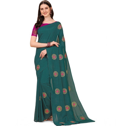 Generic Women's Silk Blend Embroidered Saree With Unstitched Blouse 5.5Mtr (Dark Green)