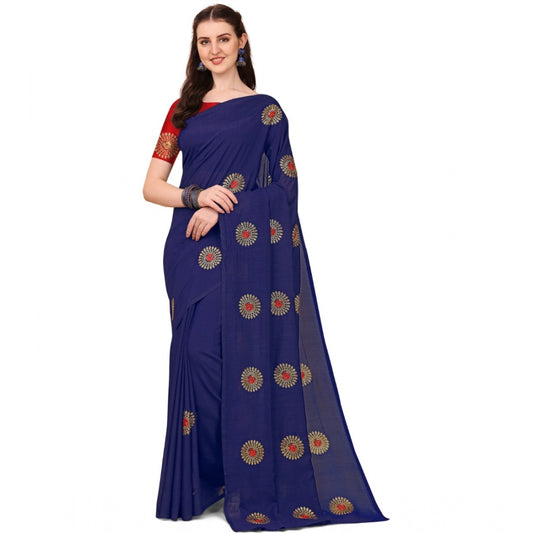 Generic Women's Silk Blend Embroidered Saree With Unstitched Blouse 5.5Mtr (Blue)