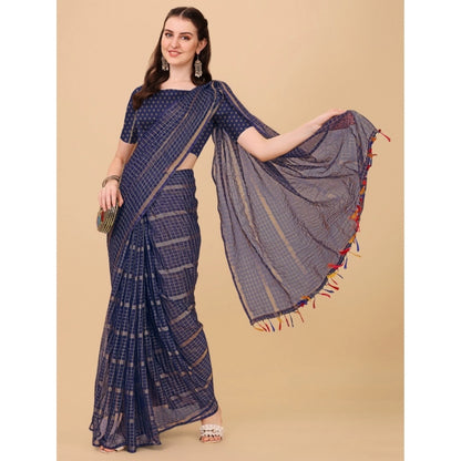 Generic Women's Silk Blend Checkered Saree With Unstitched Blouse 5.5Mtr (Blue)