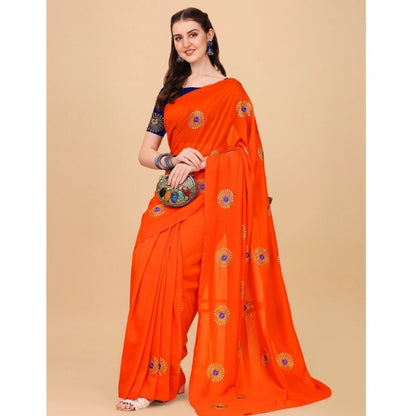 Generic Women's Silk Blend Embroidered Saree With Unstitched Blouse 5.5Mtr (Orange)