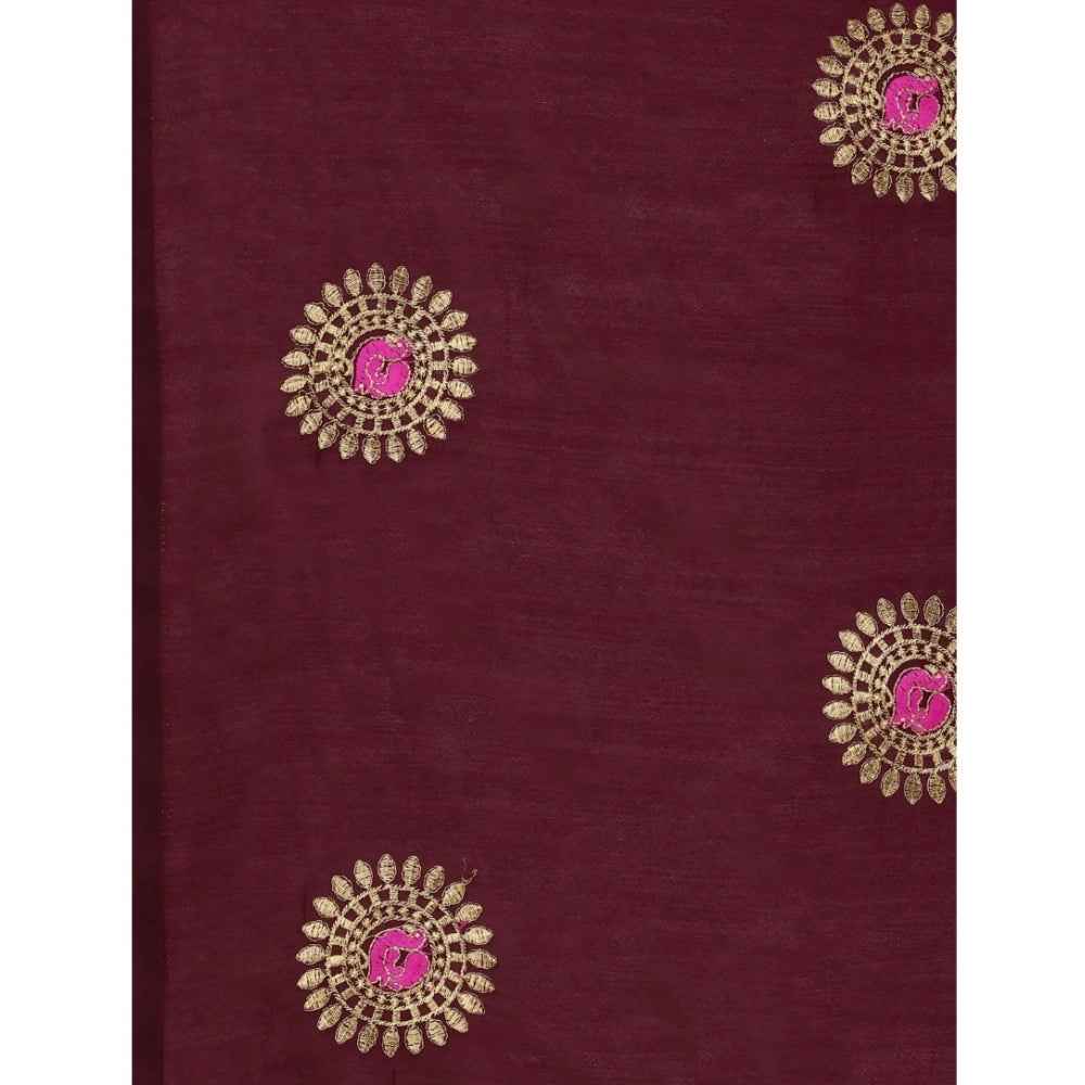 Generic Women's Silk Blend Embroidered Saree With Unstitched Blouse 5.5Mtr (Brown)