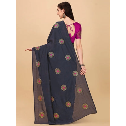 Generic Women's Silk Blend Embroidered Saree With Unstitched Blouse 5.5Mtr (Black)