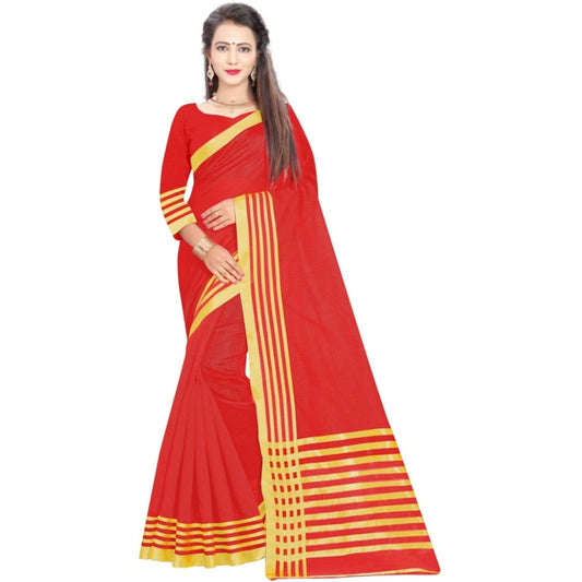 Generic Women's Jacquard Striped Saree With Unstitched Blouse 5.5Mtr (Red)