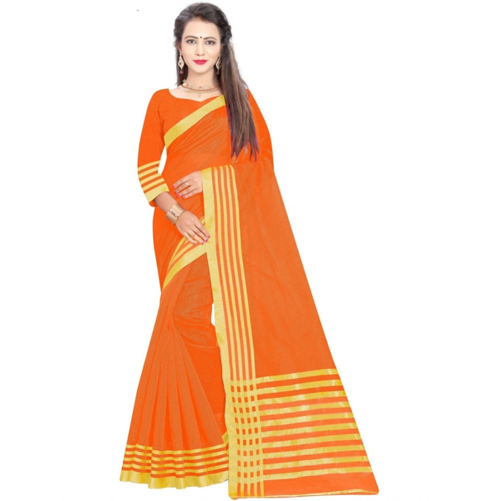 Generic Women's Jacquard Striped Saree With Unstitched Blouse 5.5Mtr (Orange)