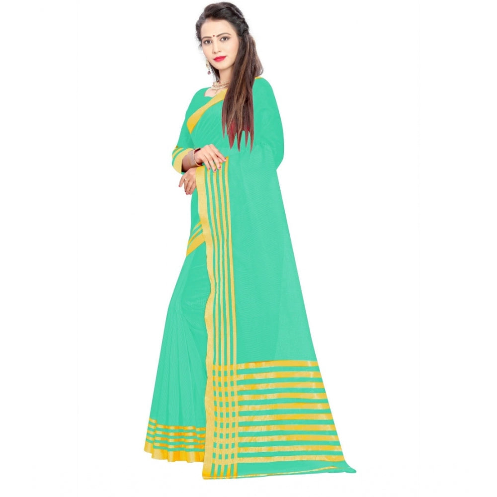 Generic Women's Jacquard Striped Saree With Unstitched Blouse 5.5Mtr (Green)