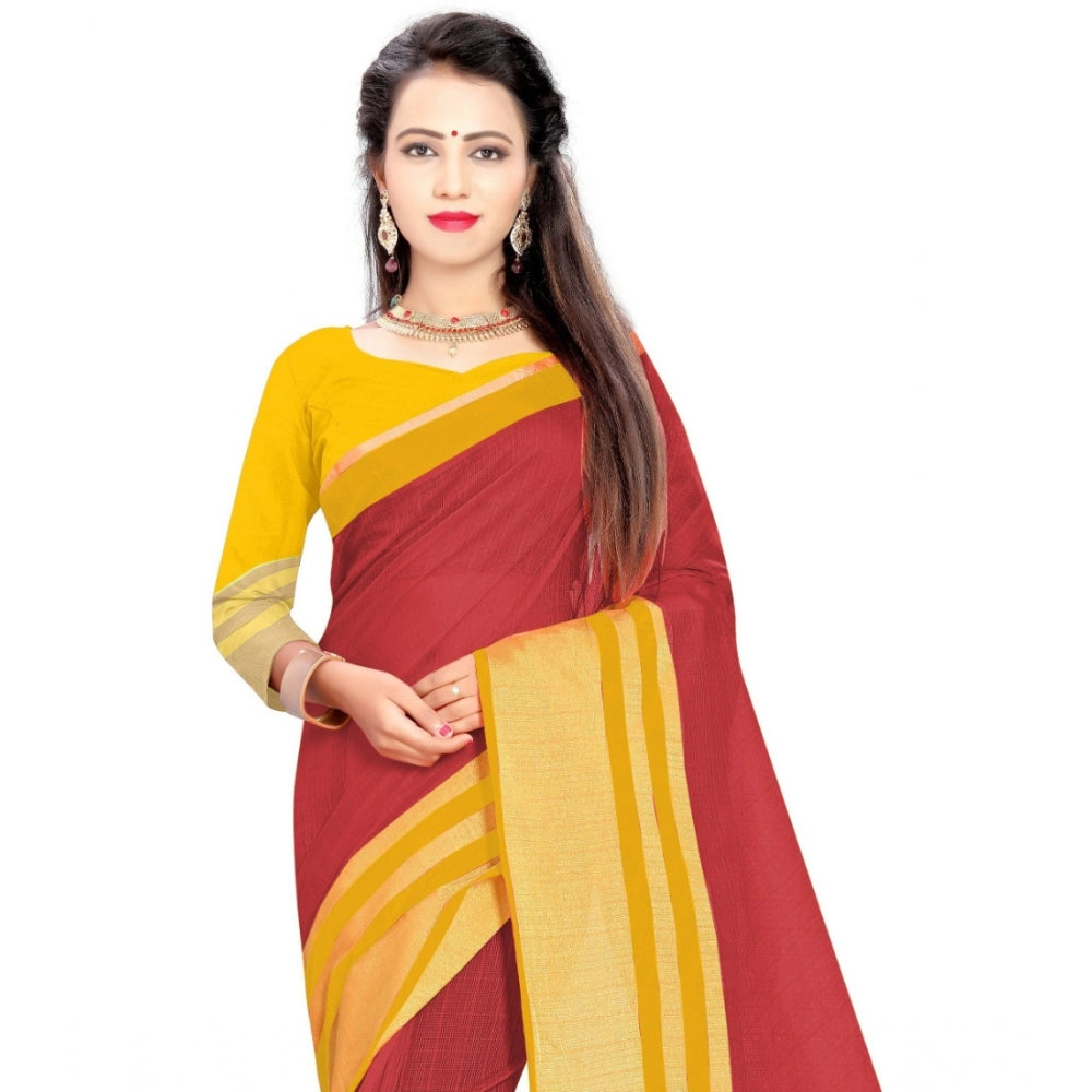 Generic Women's Jacquard Striped Saree With Unstitched Blouse 5.5Mtr (Red)