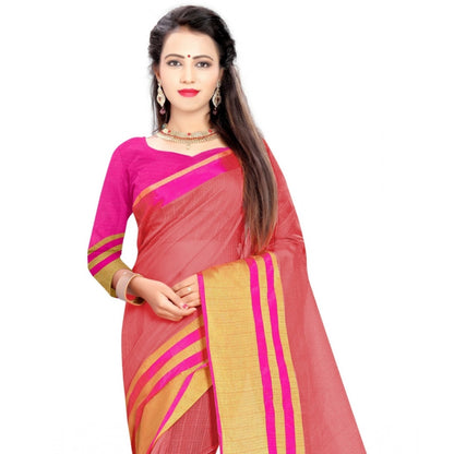 Generic Women's Jacquard Striped Saree With Unstitched Blouse 5.5Mtr (Pink)