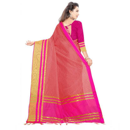 Generic Women's Jacquard Striped Saree With Unstitched Blouse 5.5Mtr (Pink)