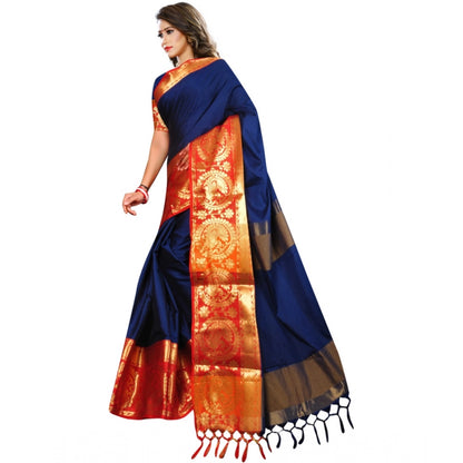 Generic Women's Jacquard Woven Saree With Unstitched Blouse 5.5Mtr (Dark Blue)