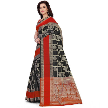 Generic Women's Jacquard Woven Saree With Unstitched Blouse 5.5Mtr (Red-Black)