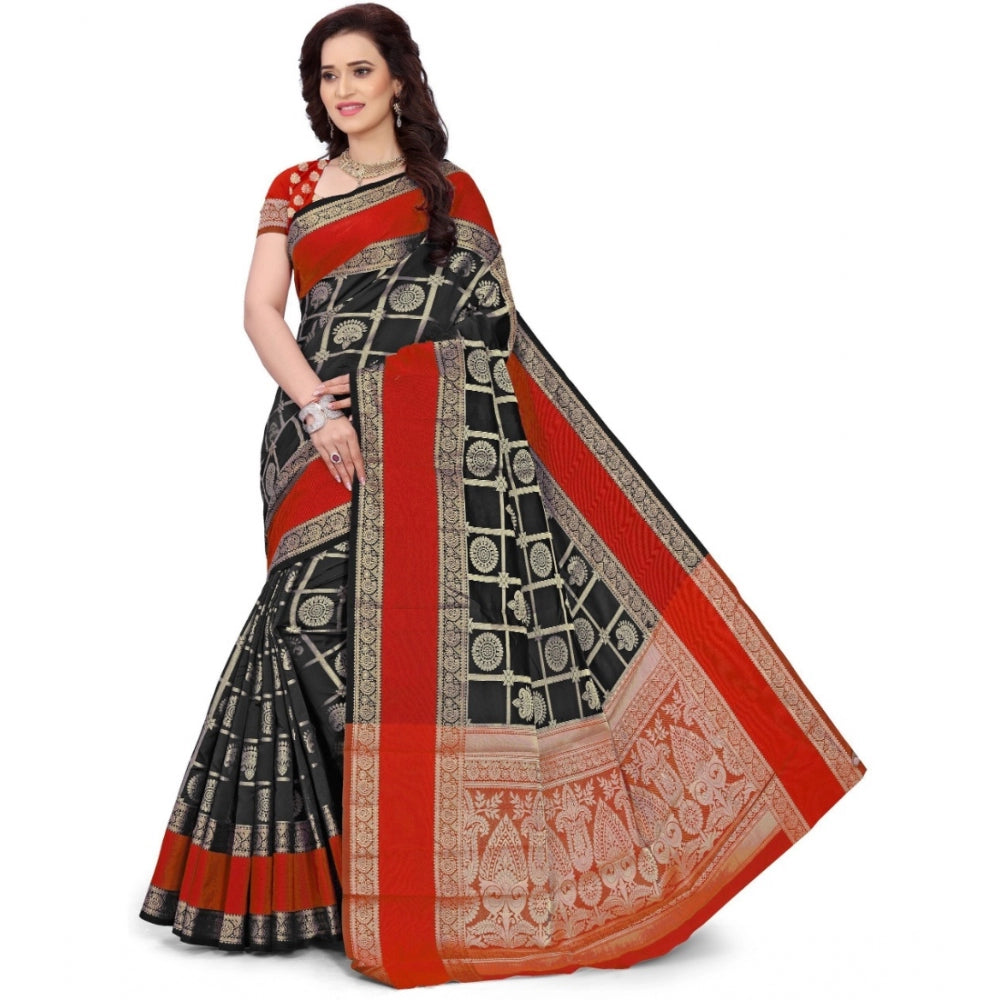 Generic Women's Jacquard Woven Saree With Unstitched Blouse 5.5Mtr (Red-Black)