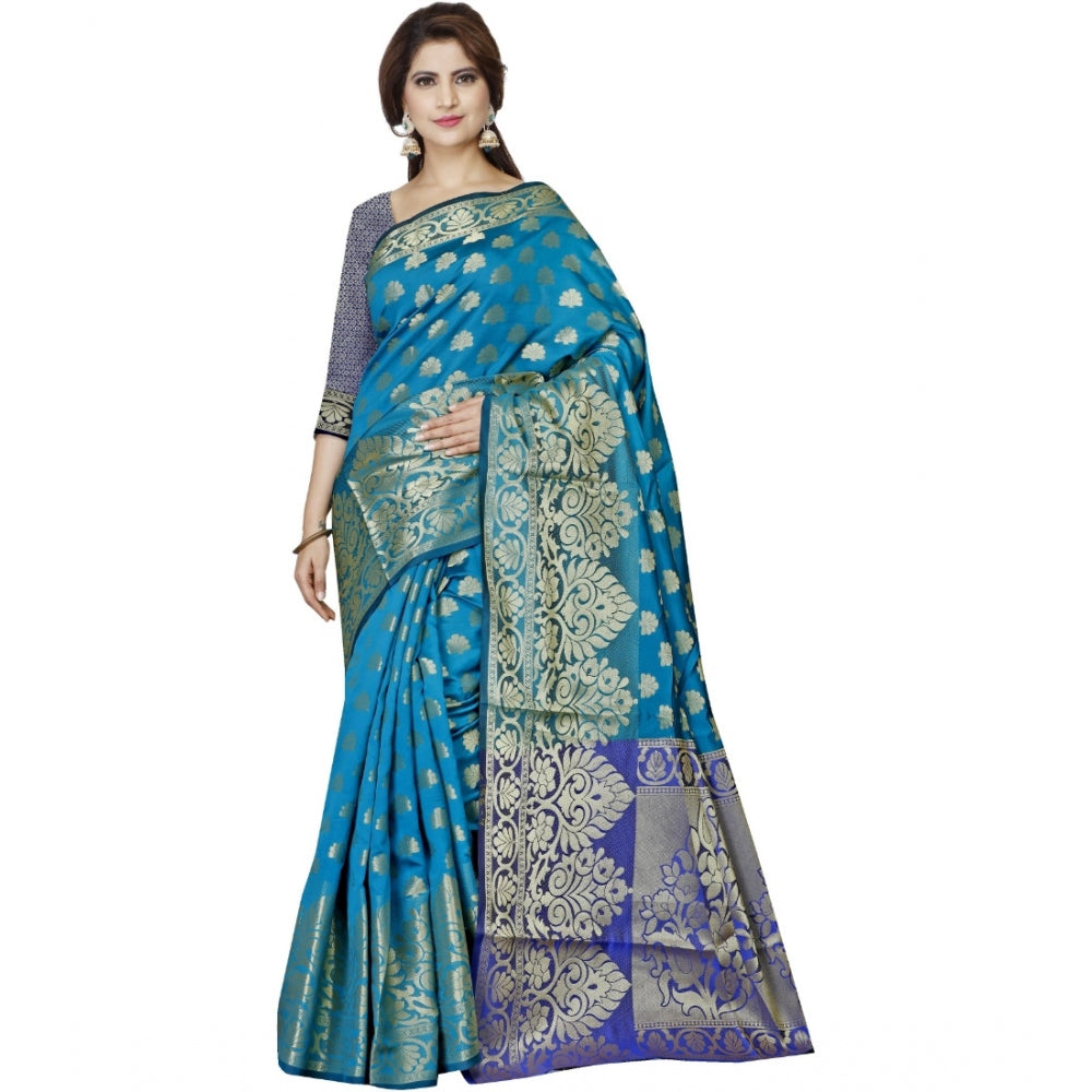 Generic Women's Jacquard Woven Saree With Unstitched Blouse 5.5Mtr (Blue)