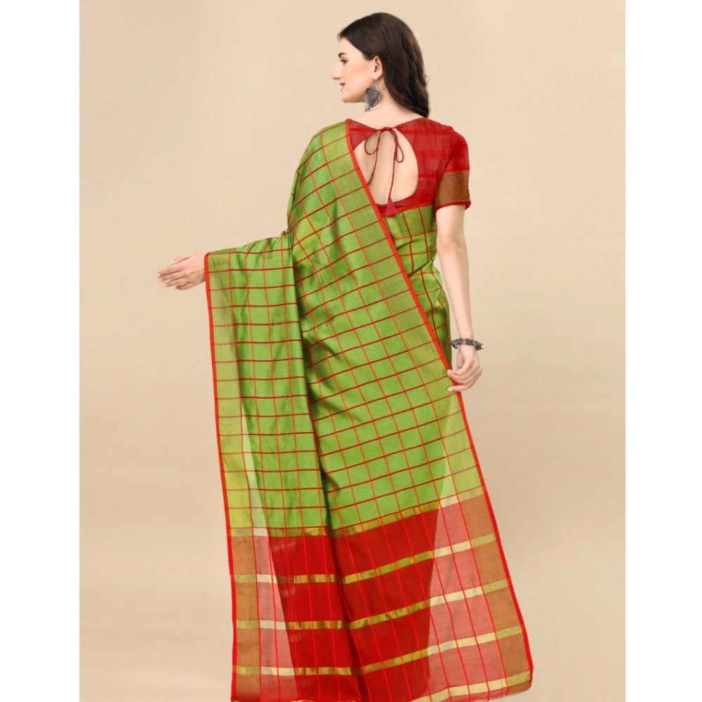 Generic Women's Cotton Silk Checkered Saree With Unstitched Blouse 5.5Mtr (Green)