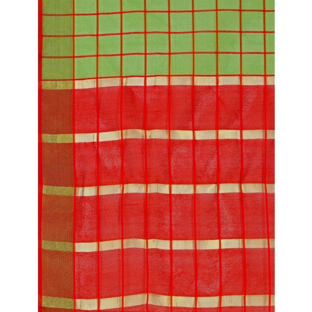 Generic Women's Cotton Silk Checkered Saree With Unstitched Blouse 5.5Mtr (Green)