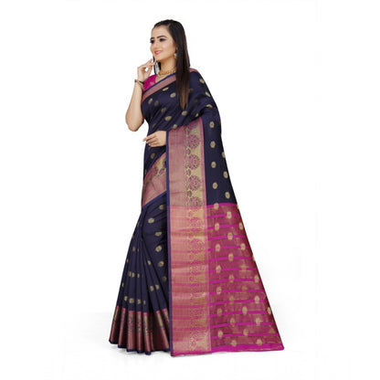 Generic Women's Jacquard Woven Saree With Unstitched Blouse 5.5Mtr (Dark Blue)