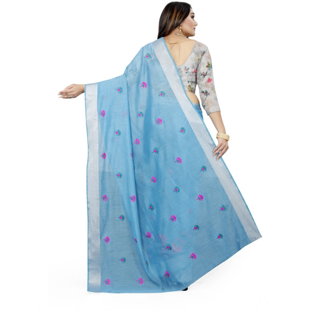 Generic Women's Cotton Silk Embroidered Saree With Unstitched Blouse 5.5Mtr (Light Blue)