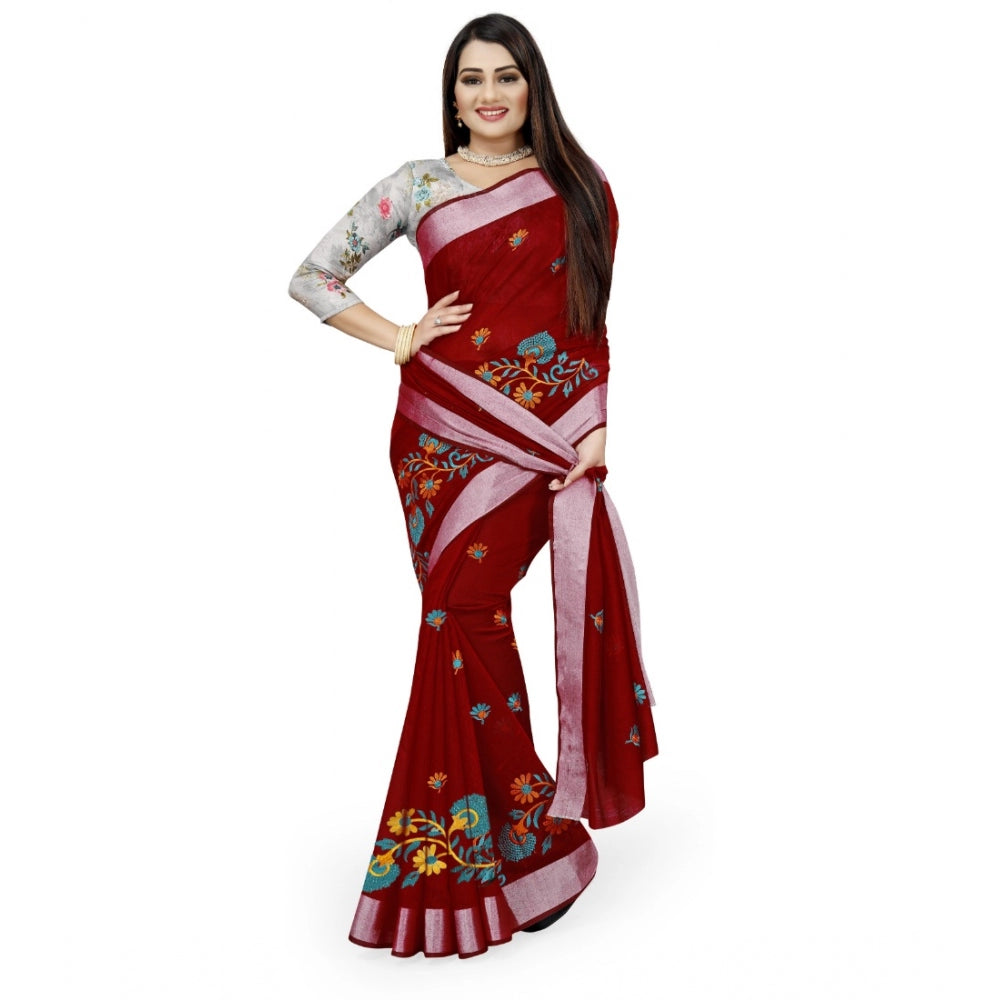 Generic Women's Cotton Silk Embroidered Saree With Unstitched Blouse 5.5Mtr (Maroon)