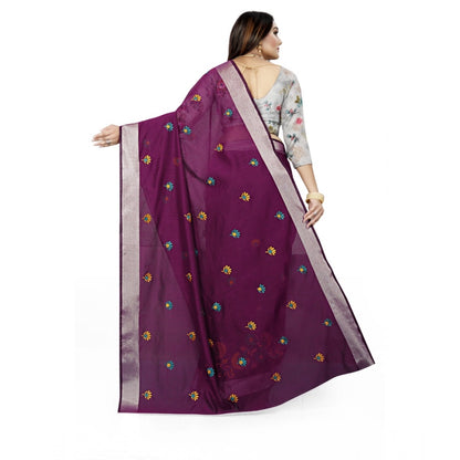 Generic Women's Cotton Silk Embroidered Saree With Unstitched Blouse 5.5Mtr (Purple)