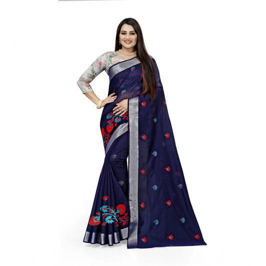 Generic Women's Cotton Silk Embroidered Saree With Unstitched Blouse 5.5Mtr (Dark Blue)