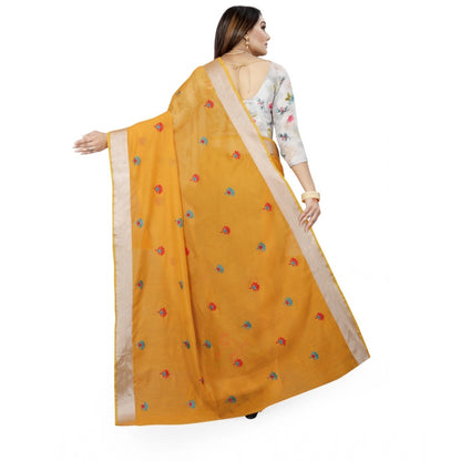 Generic Women's Cotton Silk Embroidered Saree With Unstitched Blouse 5.5Mtr (Yellow)