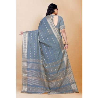 Generic Women's Silk Blend Woven Saree With Unstitched Blouse 5.5Mtr (Grey)