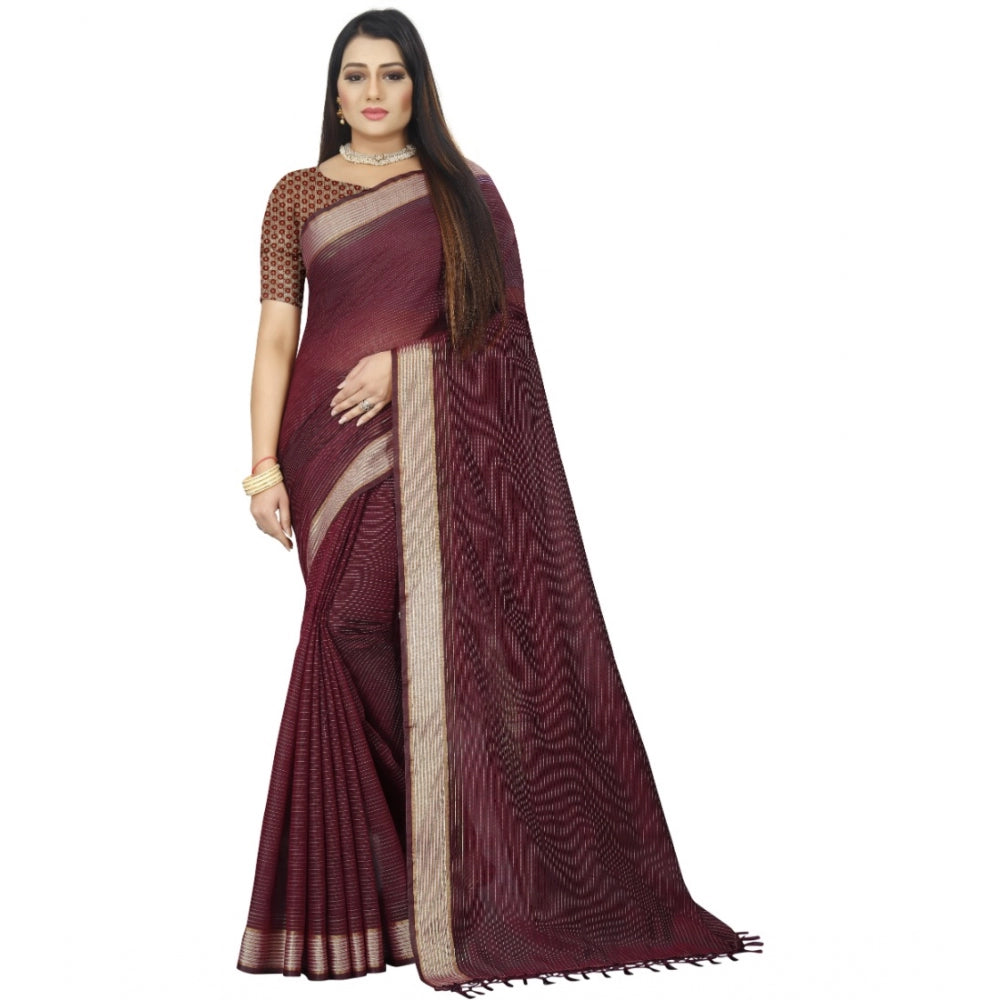 Generic Women's Cotton Blend Solid/Plain Saree With Unstitched Blouse 5.5Mtr (Brown)