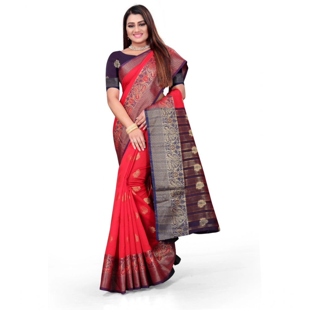 Generic Women's Silk Blend Woven Saree With Unstitched Blouse 5.5Mtr (Red)