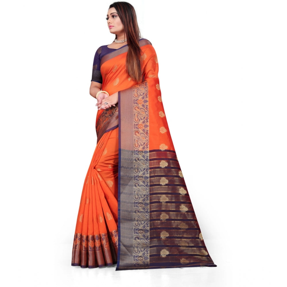 Generic Women's Silk Blend Woven Saree With Unstitched Blouse 5.5Mtr (Orange)