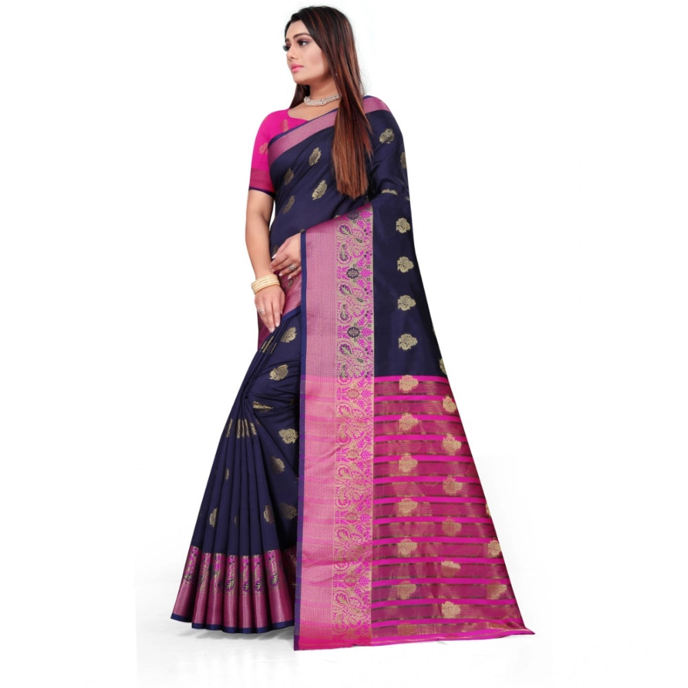 Generic Women's Silk Blend Woven Saree With Unstitched Blouse 5.5Mtr (Dark Blue)