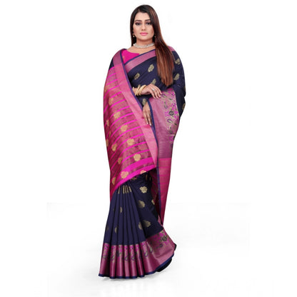 Generic Women's Silk Blend Woven Saree With Unstitched Blouse 5.5Mtr (Dark Blue)