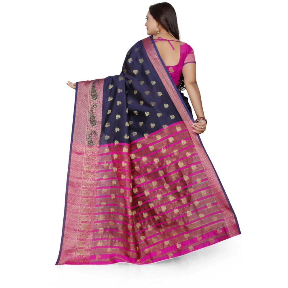 Generic Women's Jacquard Woven Saree With Unstitched Blouse 5.5Mtr (Dark Blue)