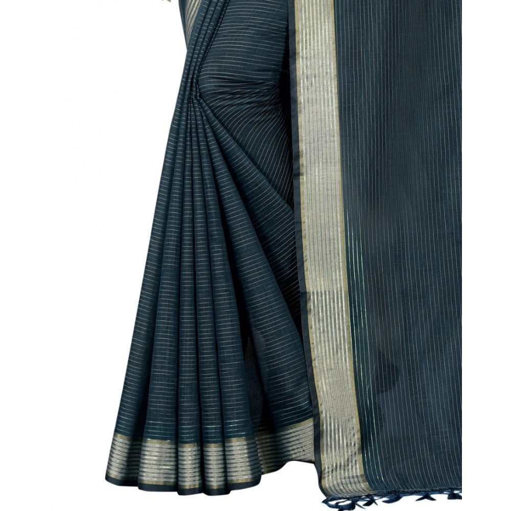 Generic Women's Cotton Blend Solid/Plain Saree With Unstitched Blouse 5.5Mtr (Dark Green)